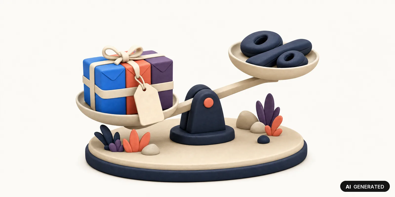 KI-generierte 3D-Illustration: Eine Waage, auf der ein verschnürtes Bündel aus drei Produktschachteln schwerer wiegt als ein umgekipptes Prozentzeichen