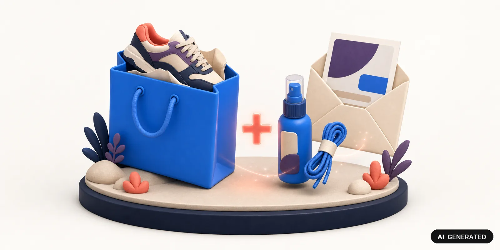 AI-generated 3D illustration: a blue shopping bag holding a sneaker, next to it a care spray and laces as the matching add-on, with a newsletter envelope behind