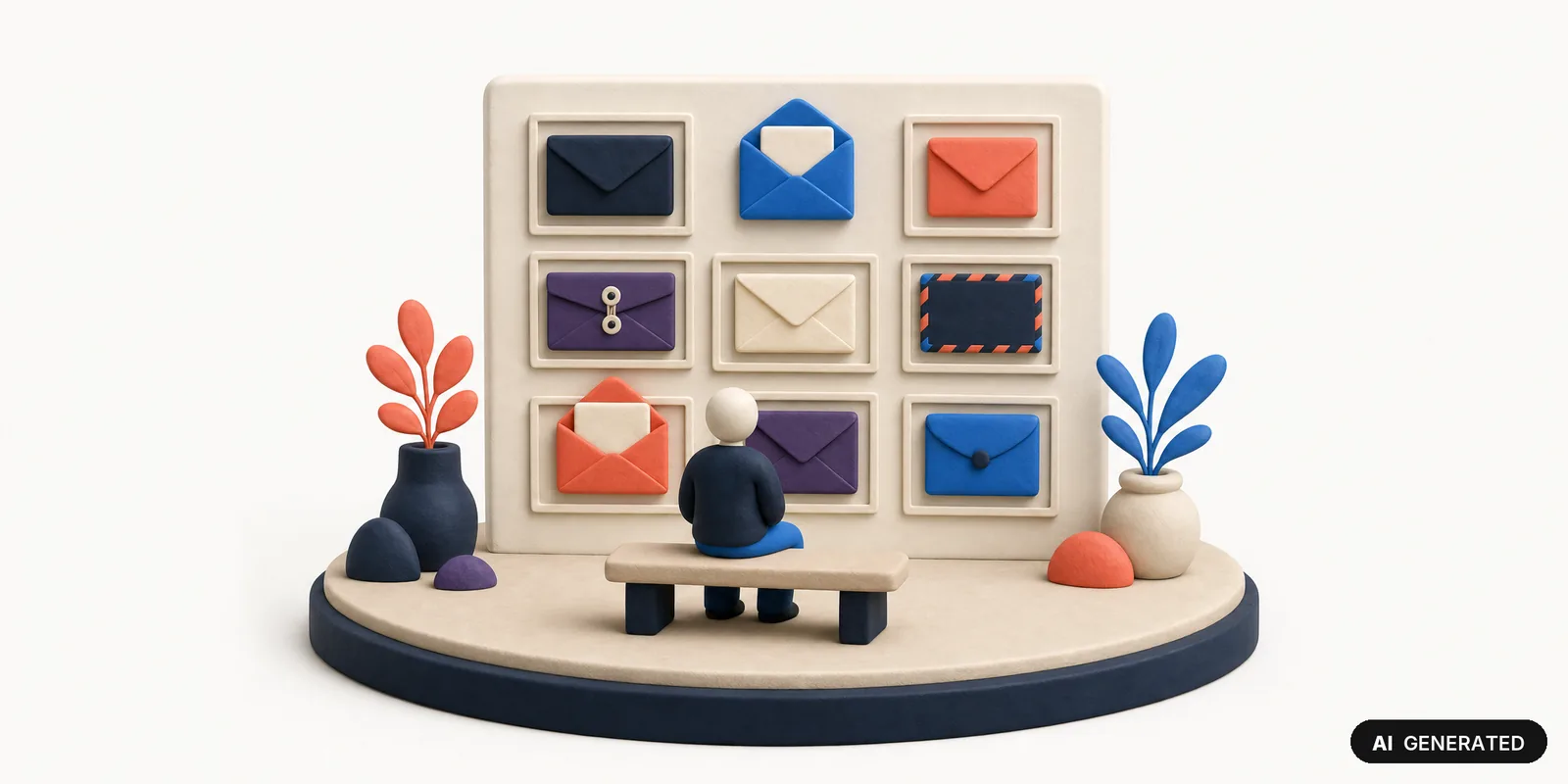 KI-generierte 3D-Illustration: Eine Galeriewand mit gerahmten Briefumschlägen in einem Raster, davor eine Figur auf einer Bank
