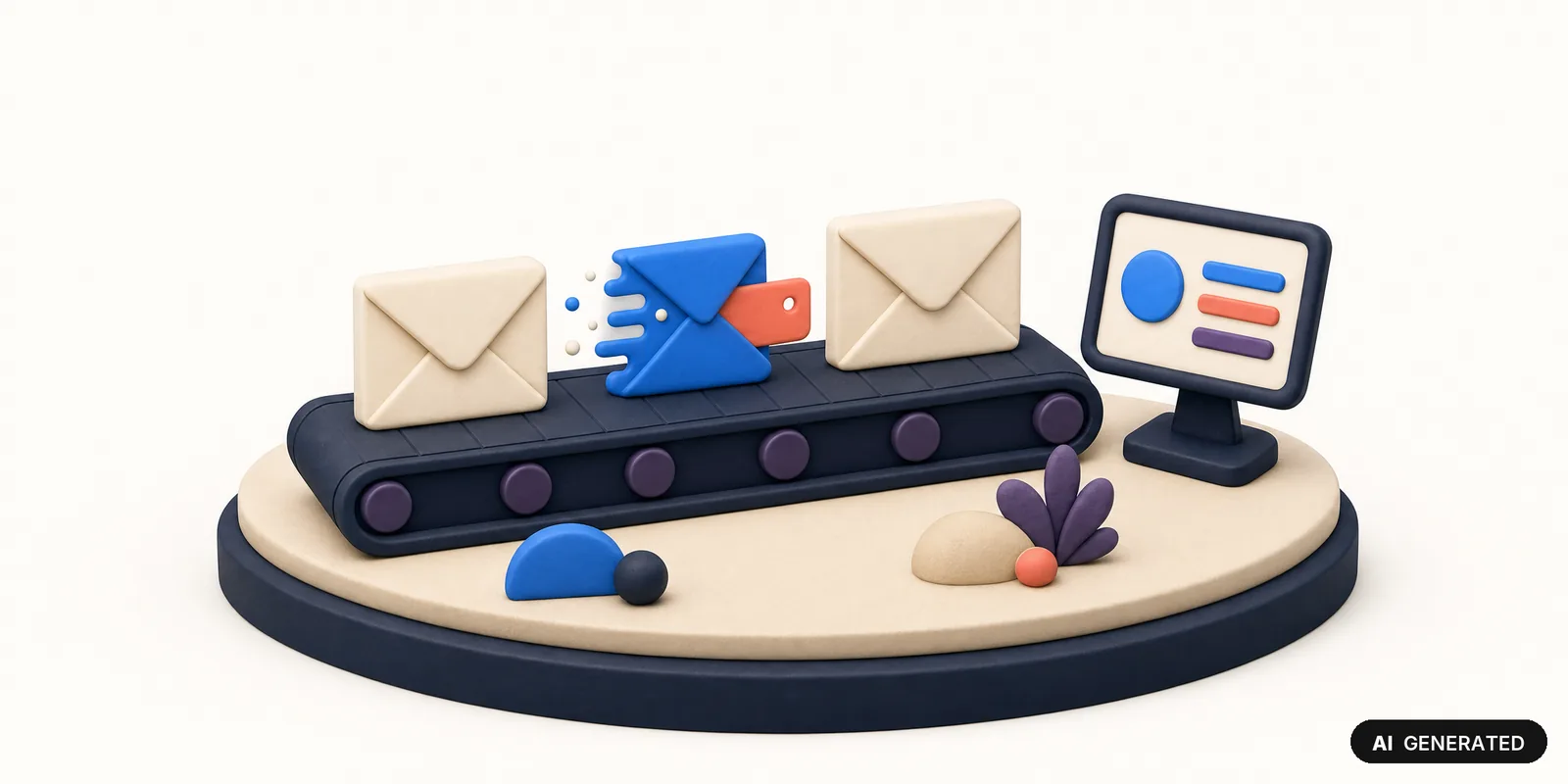 KI-generierte 3D-Illustration: drei Briefumschläge auf einem Förderband, der mittlere wird unterwegs blau und bekommt einen anderen Inhalt, daneben ein Tablet mit einer abstrakten Kundenkarte