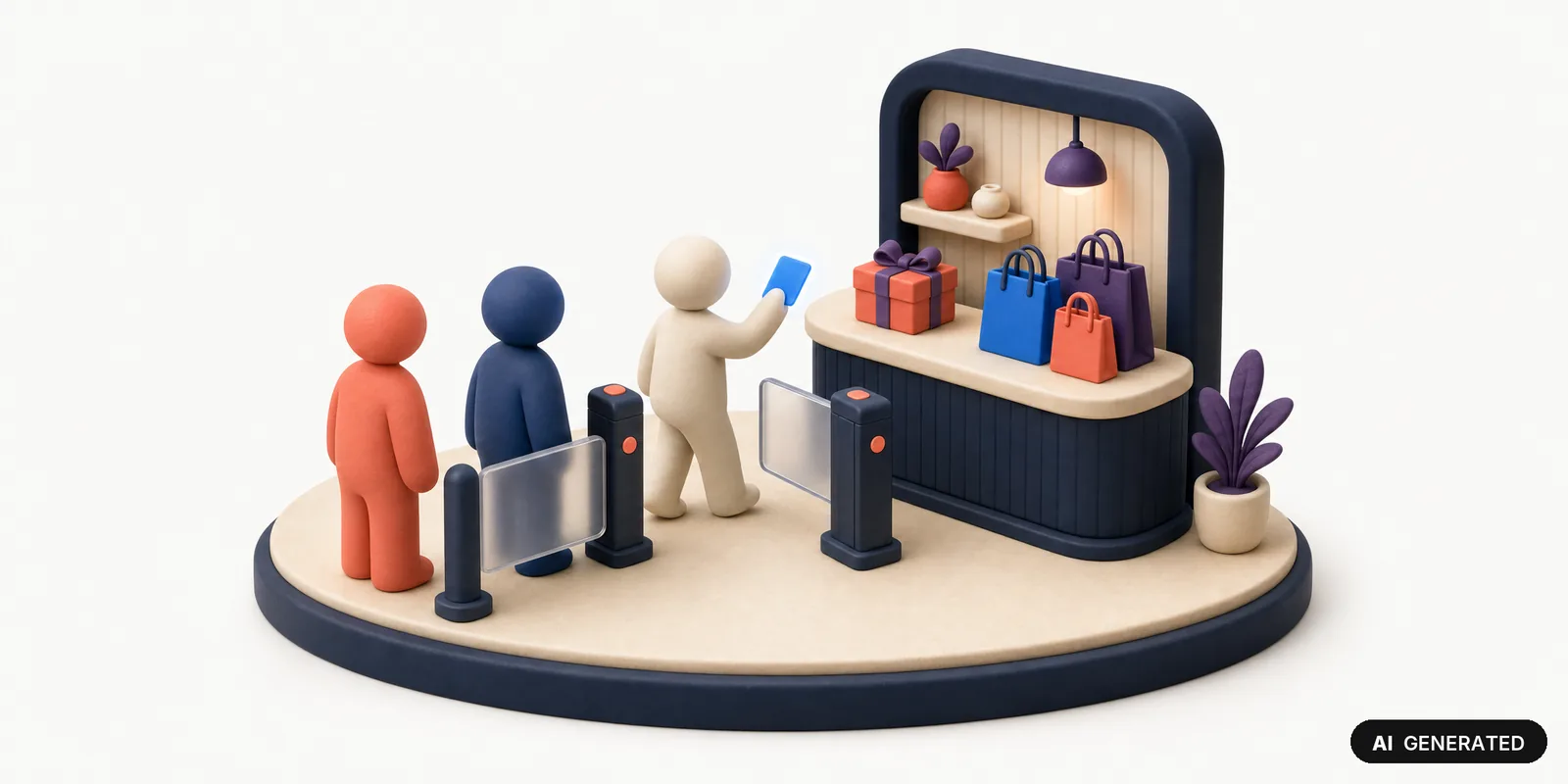 AI-generated 3D illustration: three figures queueing at a shop counter, the front one holding up a glowing membership card and stepping through an opened barrier while the other two wait