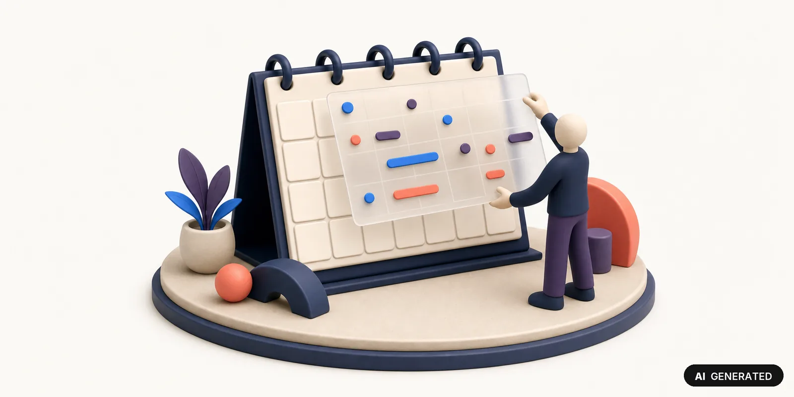 AI-generated 3D illustration: a desk calendar with a transparent overlay carrying a second layer of colored markers, a figure aligning the two