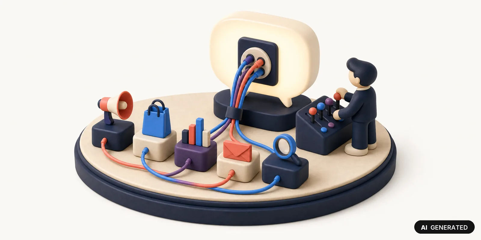 AI-generated 3D illustration: a figure at a switchboard next to five tool blocks with a megaphone, a shopping bag, a bar chart, an envelope and a magnifying glass, whose cables all end in one shared socket on a glowing speech bubble