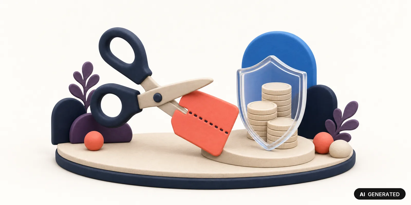AI-generated 3D illustration: scissors cutting a price tag along a line while a transparent shield protects a stack of coins